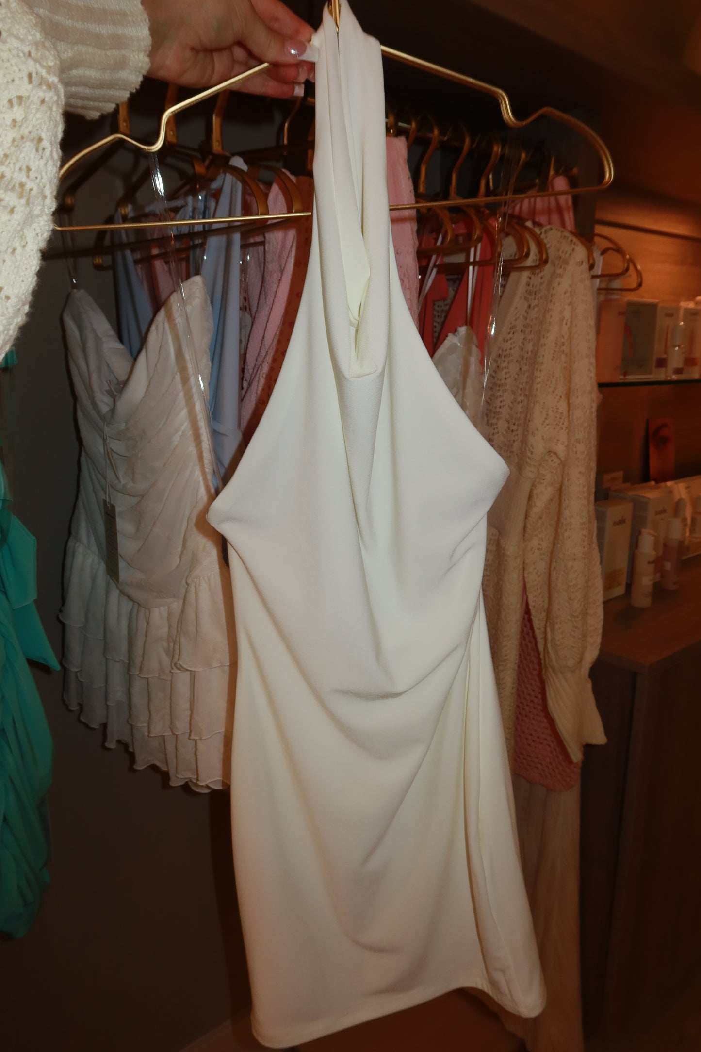 Highly Favored off-white high-neck open-back mini dress — Palms of T Boutique