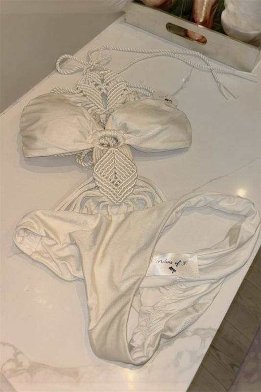 Ivory macramé one-piece with halter tie and high-leg cut — Palms of T