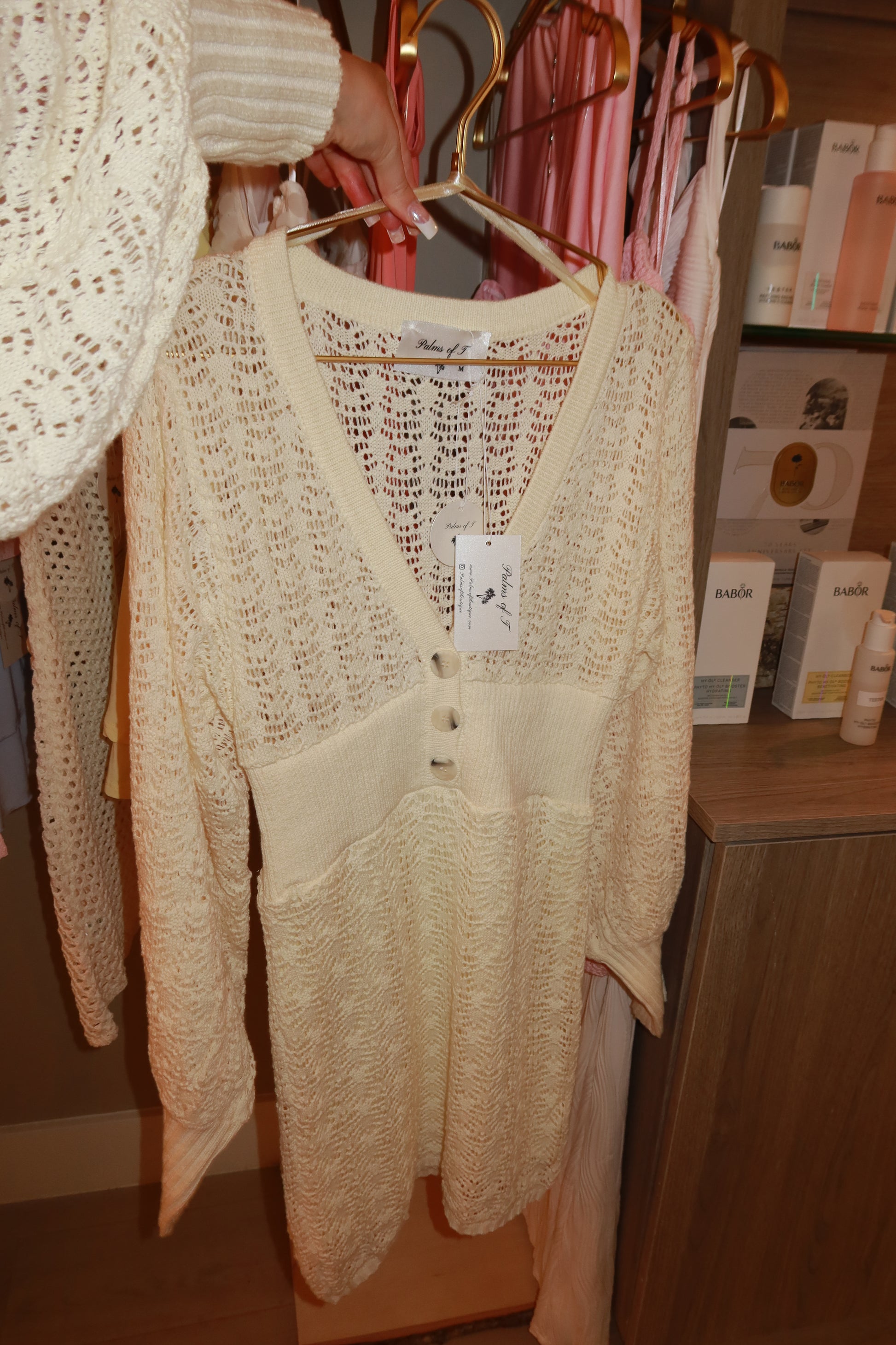 Thanking God cream long-sleeve crochet mini dress — Palms of T Boutique