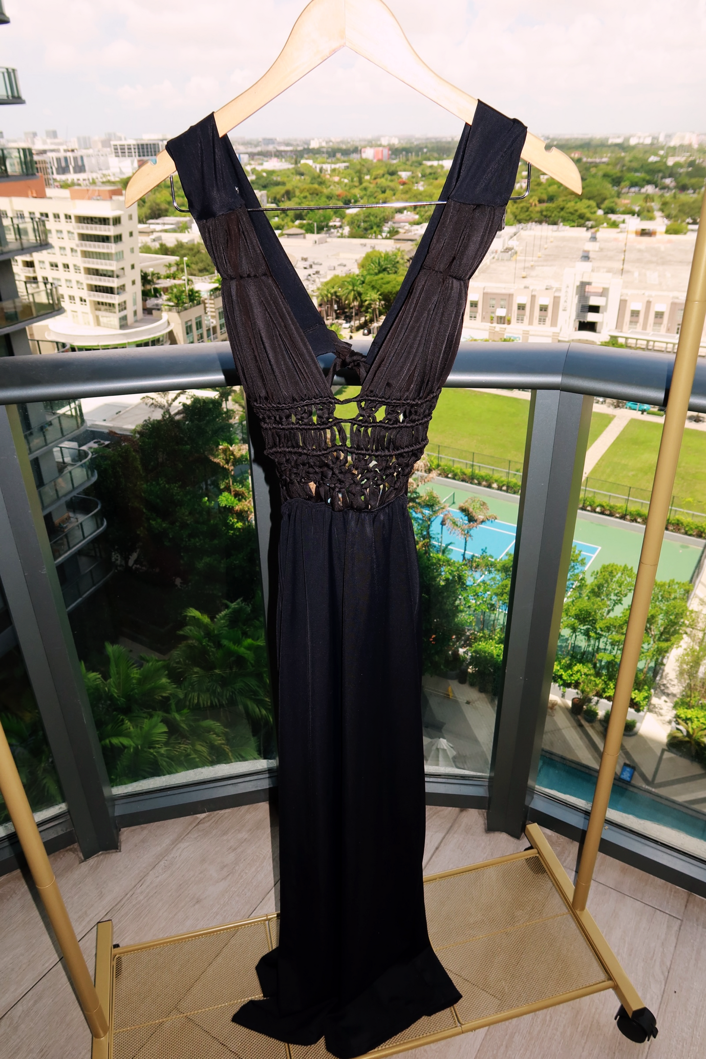 Black macramé-waist maxi dress with lattice back on hanger – Palms of T