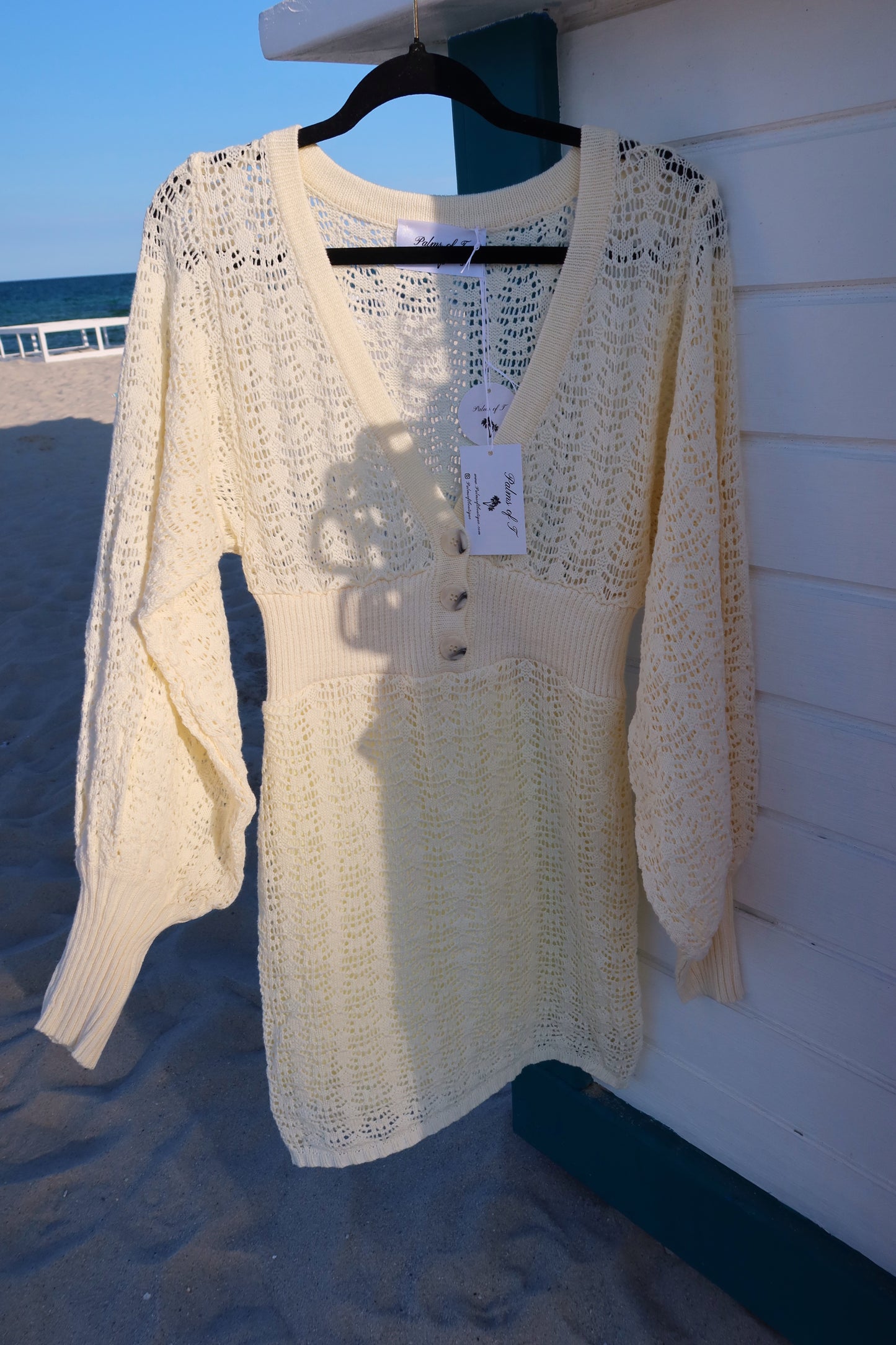Thanking God cream long-sleeve crochet mini dress — Palms of T Boutique