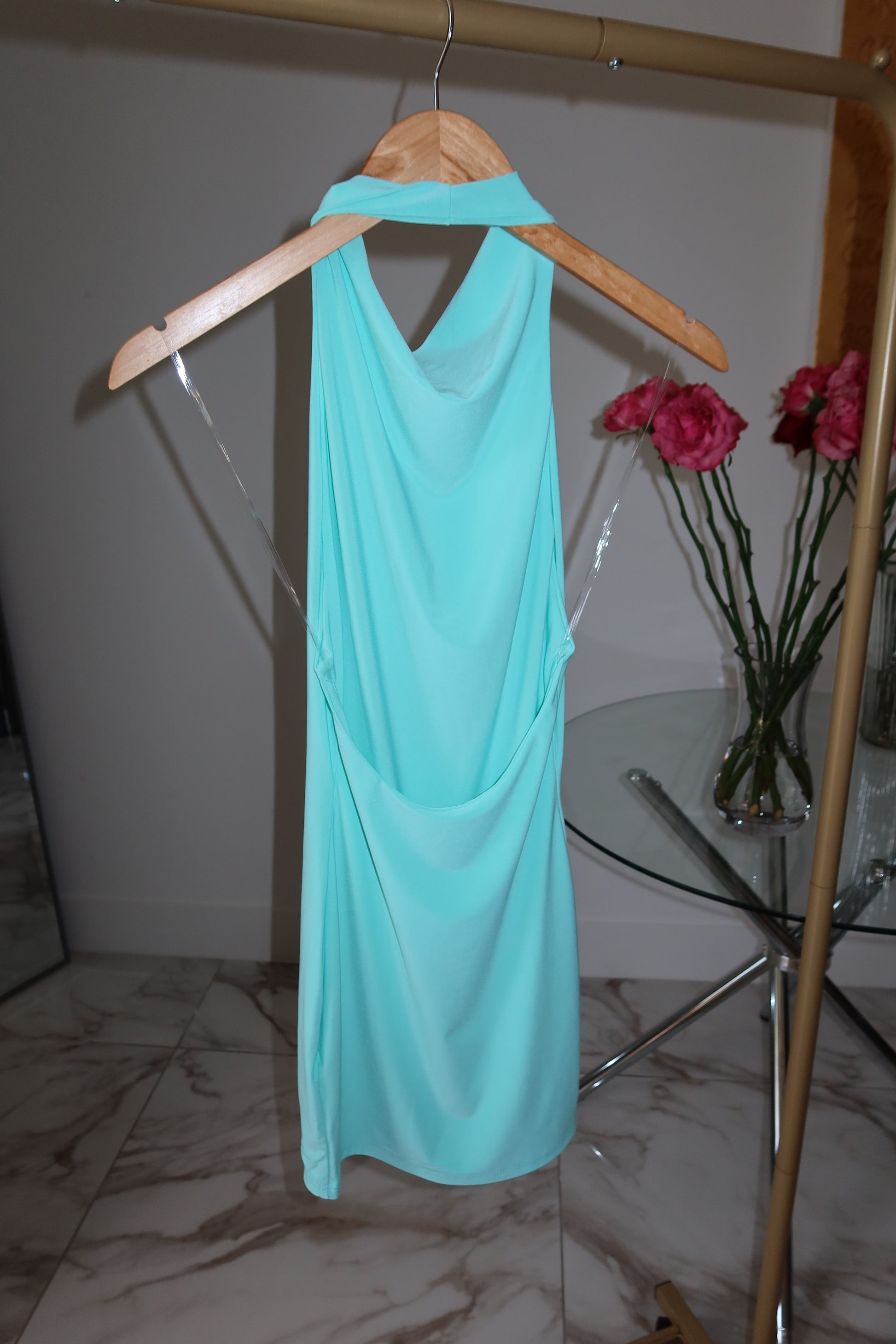 Have Fun With It aqua high-neck open-back mini dress — Palms of T Boutique