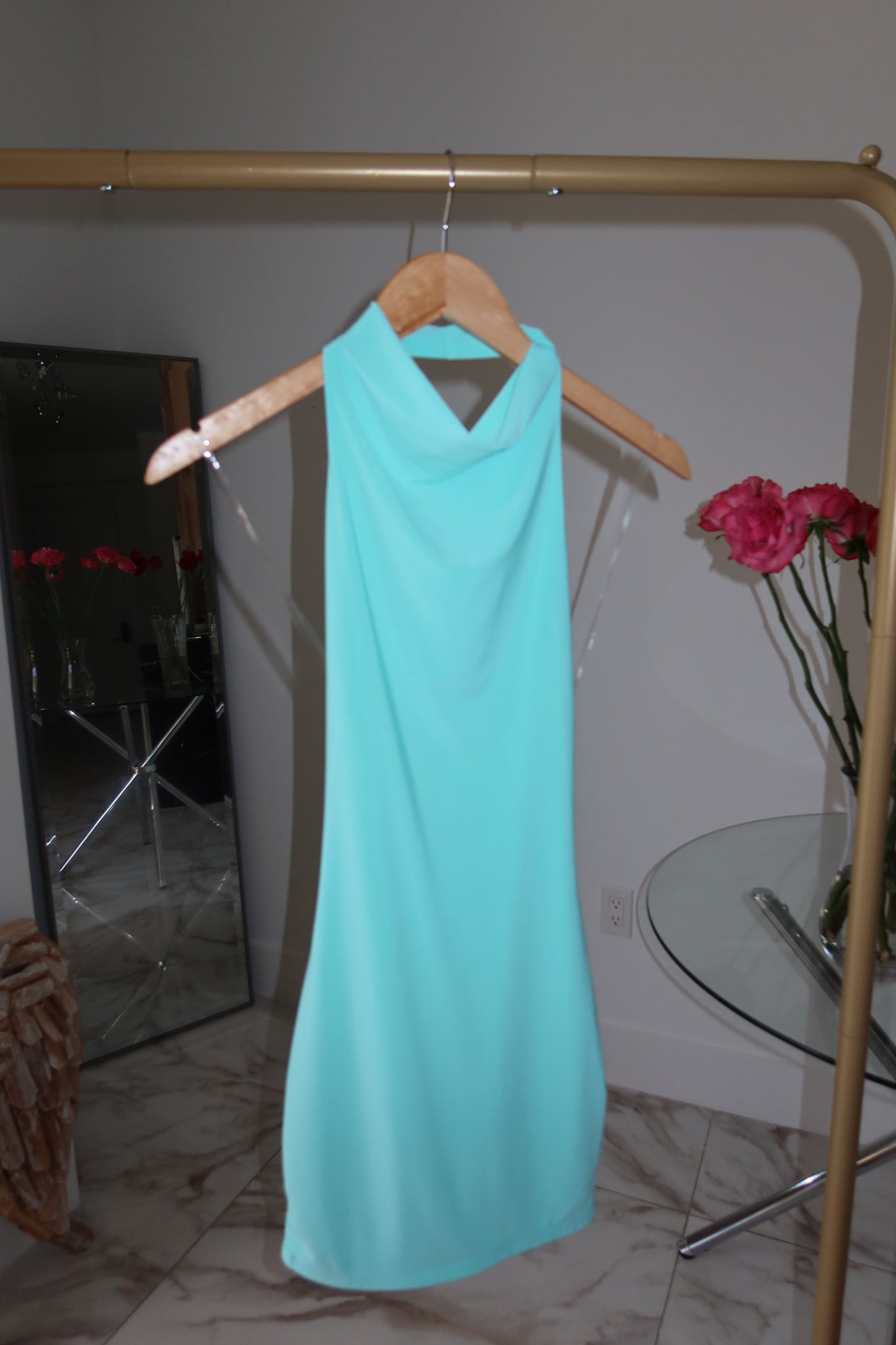 Have Fun With It aqua high-neck open-back mini dress — Palms of T Boutique